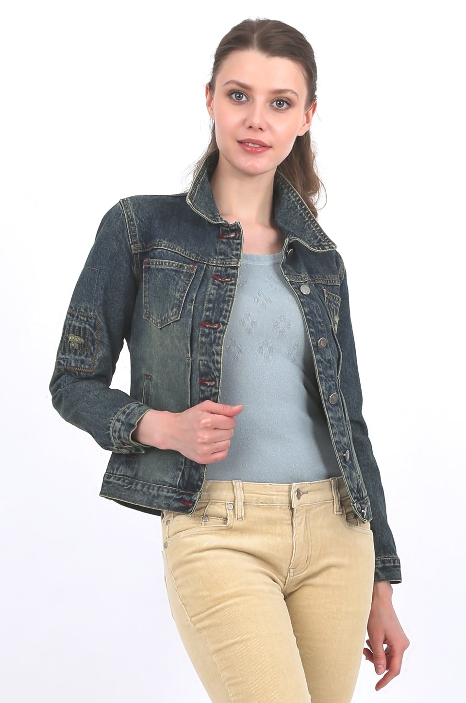 womens denim jacket in dark blue wash